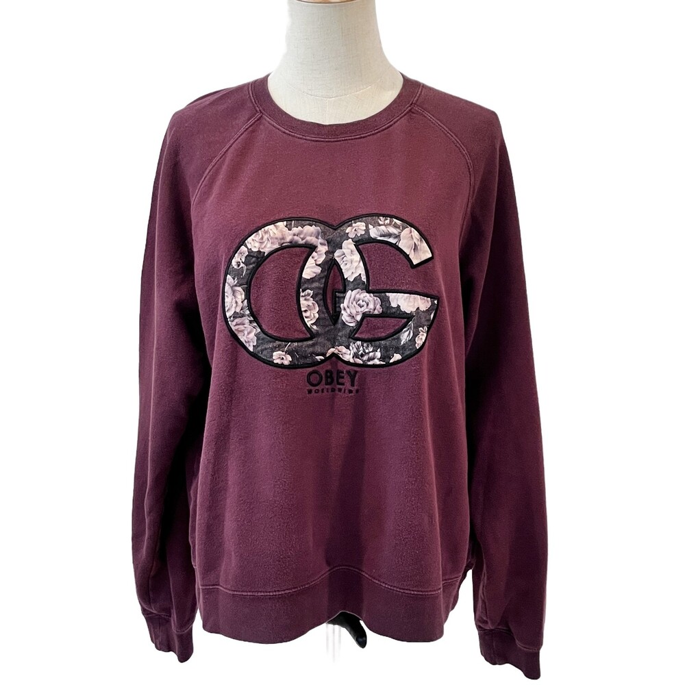 Obey Worldwide No89 Floral OG Large Washed Burgundy Sweatshirt Pullover - Picture 1 of 9